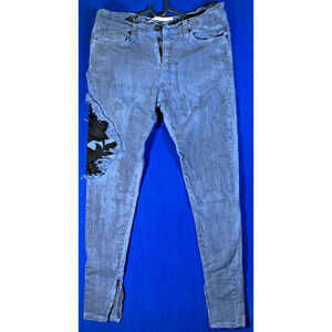 Golden Denim Floral Applique Skinny Jeans Distressed Blue Ankle Zip 30